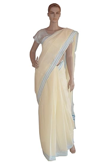 Kerala Saree with Sky Blue and White Border
