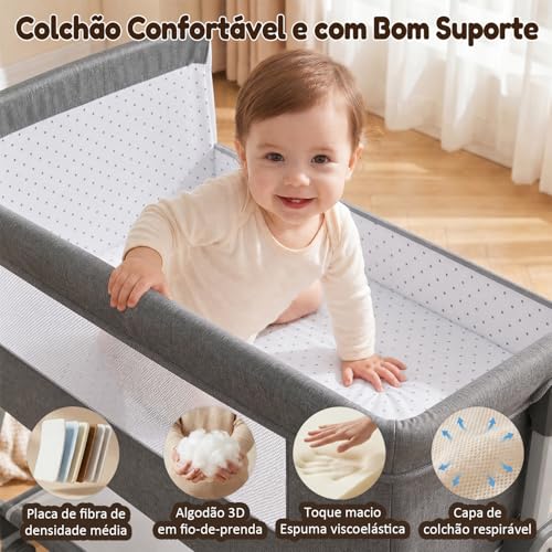 OLANENEM 6 em 1 Berço Portátil, Berço Moisés com Fraldário e Mosquiteiro, Berço Acoplado à Cama com Suporte Triangular de Aço Carbono, 6 Alturas e Inclinação Antirrefluxo 5°(Cinza)