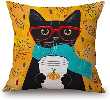 Nordic Simple Ink Painting Watercolor Animal Adorable Gentleman Cat Wearing scarf Glasses Cotton Linen Throw Pillow Case Cushion Cover NEW Home Office Indoor Decorative Square 18 X 18 Inches (Color-D)