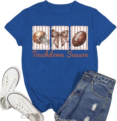 Football Mom Shirt Women-Cute Touchdown Season T-Shirts Game Day Mama Short Sleeve Funny Football Tee Top Blue