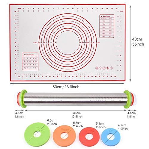 Inkec Stainless Steel Rolling Pin 17Inch & Silicone Baking Mat, Adjustable Dough Roller with 4 Removable Thickness Rings for Baking Pizza Pie Pasta Cookies