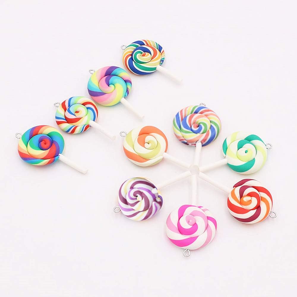 Heflashor 10Pcs Lollipops Fake Colorful Polymer Clay Lollipops Pendant Charms Keychain Pendant Lollipop Candy Embellishment for DIY Craft Supply