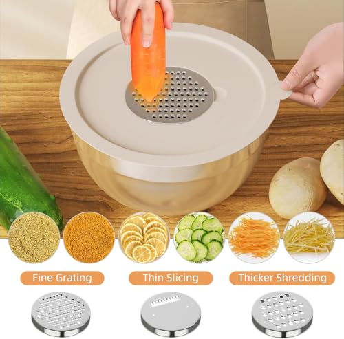 Beauenty Mixing Bowls with Lids Set, 6 Piece Stainless Steel Nesting Storage Bowls for Kitchen, with 3 Grater Attachments & Non-Slip Bottoms, Size 18, 20, 22, 24, 26, 28CM