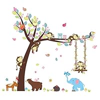 ElecMotive Cartoon Forest Animal Monkey Owls Hedgehog Tree Swing Nursery Stickers Murals DIY Posters Vinyl Removable Art Wall Decals for Kids Girls Room Decoration (Bear Elephant)