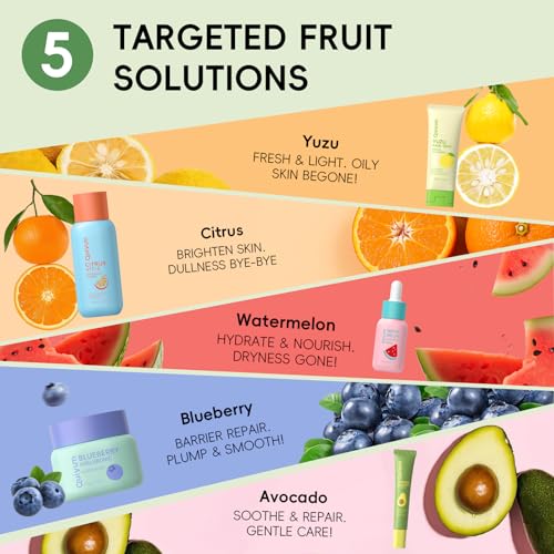 QUIYUM Fruit Skin Care Gift Set, 5 Piece Face Moisturizing Skincare Kit, Beauty Routine for Women and Teens, Intense Hydration, Natural Glow