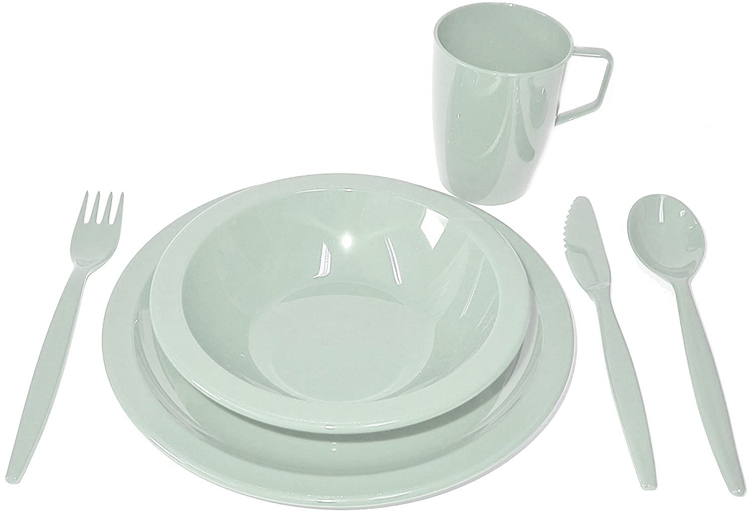 Harfield Camping Grey Green Tableware Set - Plate, Bowl, Beaker and Cutlery - Reusable Virtually Unbreakable Polycarbonate Plastic