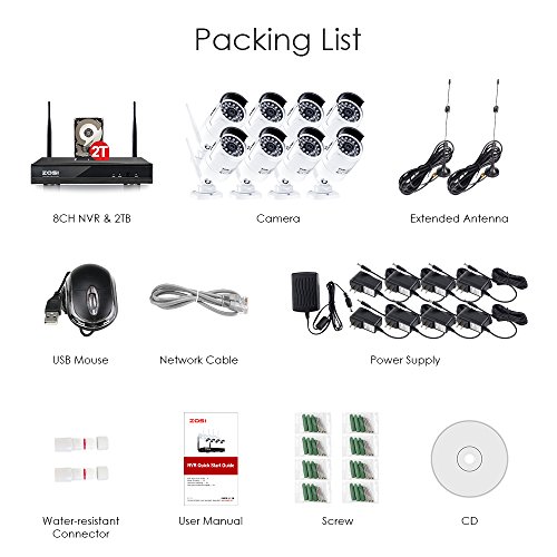 ZOSI 1080P 8CH HD Wireless Security Camera System 8Channel 1080P NVR 2TB Hard Drive and (8) HD 2.0MP 1080P Indoor/Outdoor Bullet IP Cameras 65ft Night Vision, Customizable Motion Detection