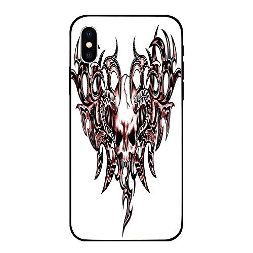 Phone Case Compatible with iPhone X BrandNew Tempered Glass Backplane,Tattoo Decor,Combined Hearts with Skull Eagle Wings Symbol of The Brave Love Print,Black White and Red,Anti-Shock and Shockproof
