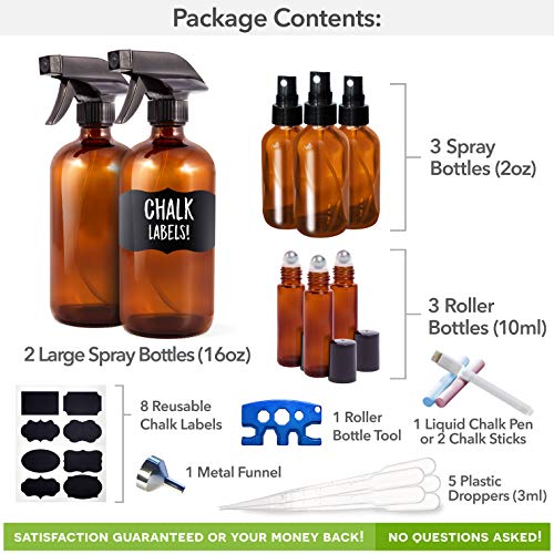 9 Pack Amber Glass Spray Bottle Kit, 2 x 16oz Spray, 3 x 2oz Spray and 3 x 10ml Roller Bottles for Essential Oils and Cleaning Solutions (Bonus: Chalk Labels, Funnel and Roller Bottle Tool)