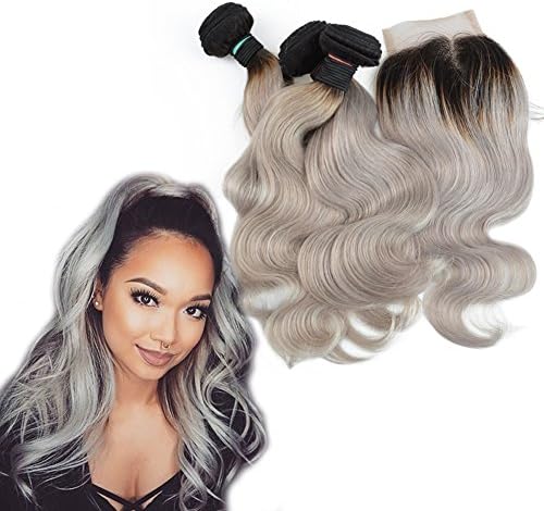 Dingli Hair Blonde Ombre T1B/Grey Brazilian Virgin Hair Body Wave 3 Bundles Mixed Length with 1 Piece Free Part Lace Closure (14 16 18 + 14 inch closure)
