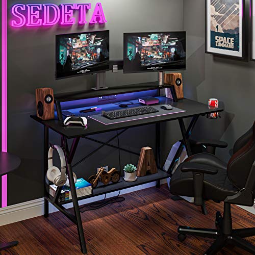 Sedeta Gaming Desk, 47" Gamer Desk, Computer Desk with USB Port and Power Outlet, Gaming Table, Gaming Workstation Desk with PC Stand Shelf, Cup Holder & Headphone Hook, Home Office Desk, Black - Image 2