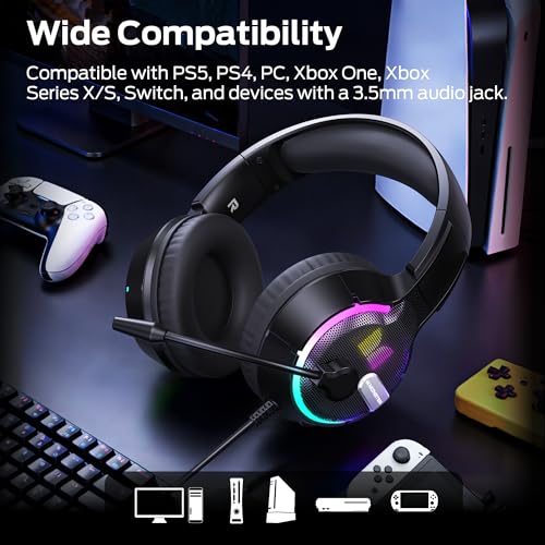 Monster Mission 320 Gaming Headset for PS5, PS4PC, Xbox One, Xbox Series X/S, Switch,Noise Cancelling Over Ear Headphones with Mic, LED Light, 7.1 Surround Sound