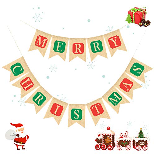 image for LSXD Merry Christmas Burlap Banners Garlands for Fireplace Christmas T