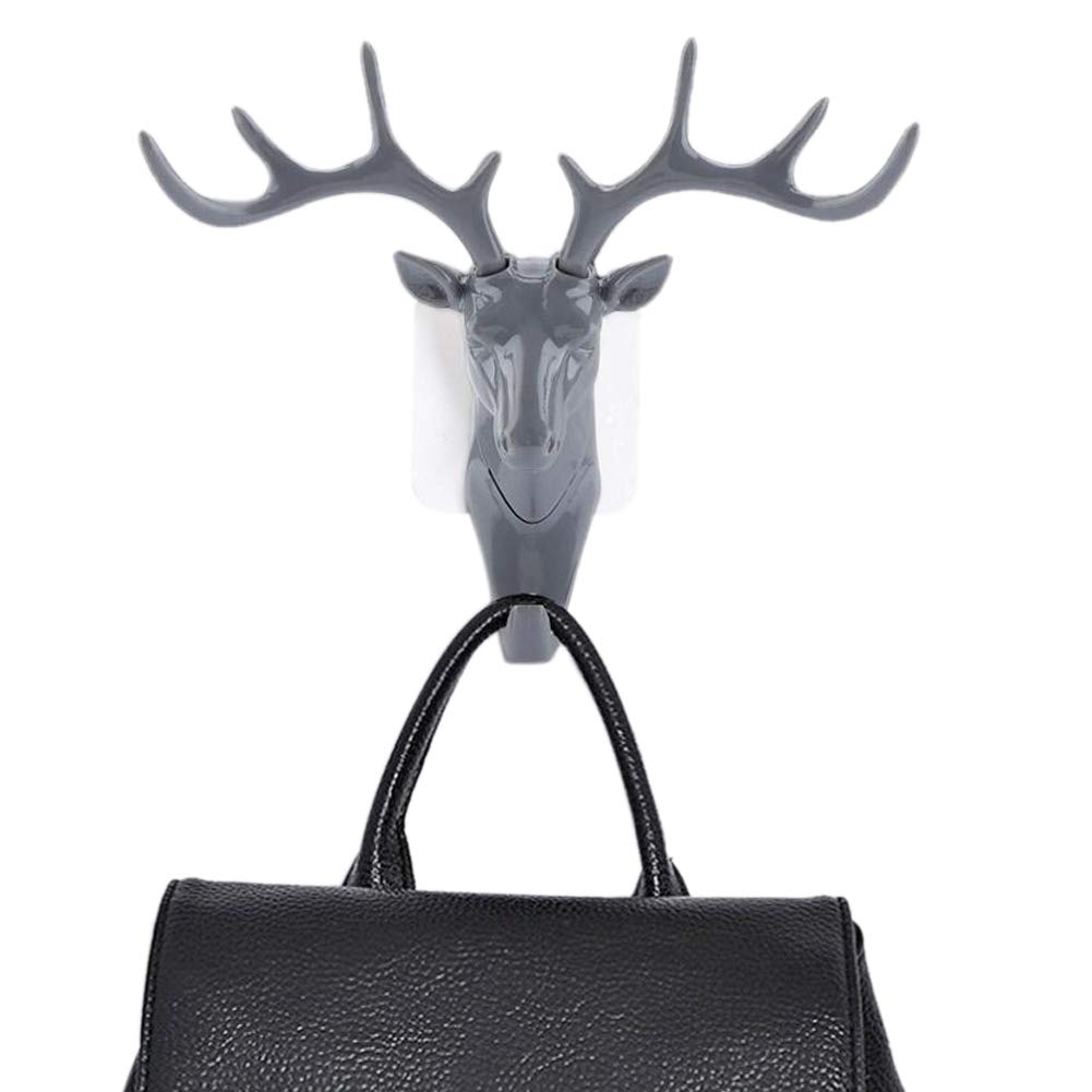 Duokon Animals Deer Head Hook Hanger Rack Holder Wall Mount Bathroom Kitchen Home Office Organizer for Hat Towel Key Holder(Gray)