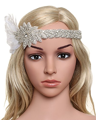 BABEYOND Women's Ribbon Headpiece Vintage Headband 1920 Feather Flapper Headband Wedding Headbands for Bride Full Crystal Beads