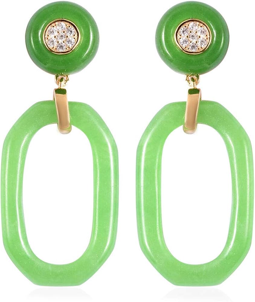 TJC Green Jade and White Zircon Drop Dangle Earrings for Women in
