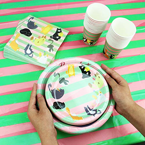 177 Piece Cat Theme Party Supplies Set Including Banner, Plates, Cups, Napkins, Tablecloth, Spoon, Forks, and Knives, Serves 25