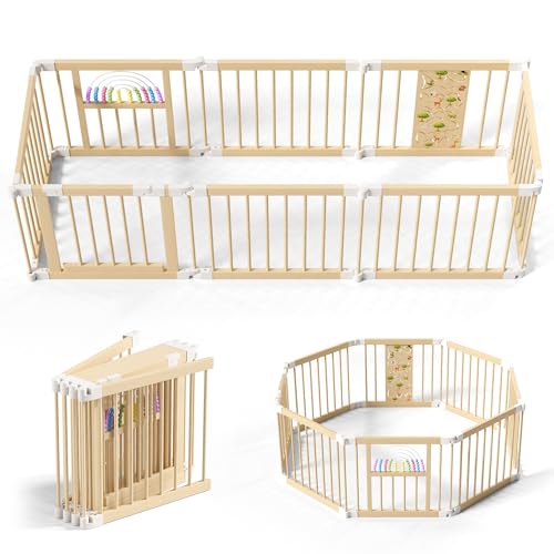 BLEKOO Portable Wooden Baby Playpen with Gate - Foldable 6-sided Activity Center, Adjustable Indoor Play Yard for Infants & Toddlers, Expands to 56" x 56" x 24" Safety Fence