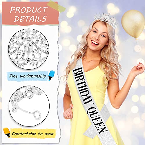 Birthday Crown for Women Happy Birthday Queen Sash Crystal Birthday Tiara Crowns for Girls Rhinestones Headband Gift Party Birthday Decoration Set (Silver) Summer