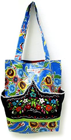 Blue Day Tote Black Embroidery Oilcloth Handbag