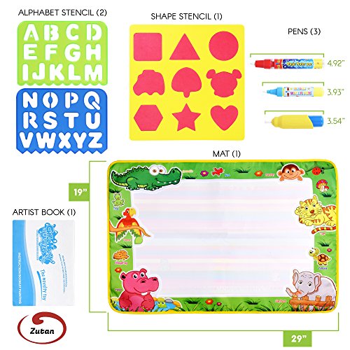 Water Drawing Aqua Doodle Mats: Large 29” x 19” Water Doodle Pad with 3 Marker Pens, 1 Sheet of Shapes, 2 Alphabet Stencils & 1 Drawing Book - Art & Educational Toy for Kids - Toddler Boys & Girls Toy