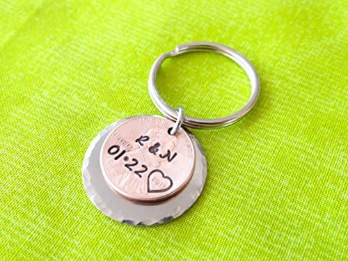 Anniversary Keychain, Anniversary gift, Initials, Penny, stamped penny, Penny Keychain, our first anniversary, Valentines Gift