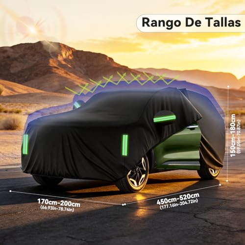 AUTODIAG Cubierta para Auto SUV,520x200x180CM Funda para Carro Impermeable,Cremallera y Cintas Reflectante,Cerradura Extra y Cuerda antiviento,Anti-UV,Anti-Nieve,Antiarañazos,Ideal para Exteriores