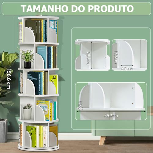 Estante Giratória, 5 Andares Estante Giratória Livros, 160 * 40cm, 360° - Livreiro de Piso para Organização e Decoração de Casa, Quarto e Escritório