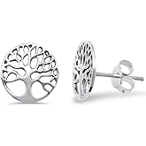 Comet Craft Sterling Silver Plain Round Tree of Life Studs Earrings