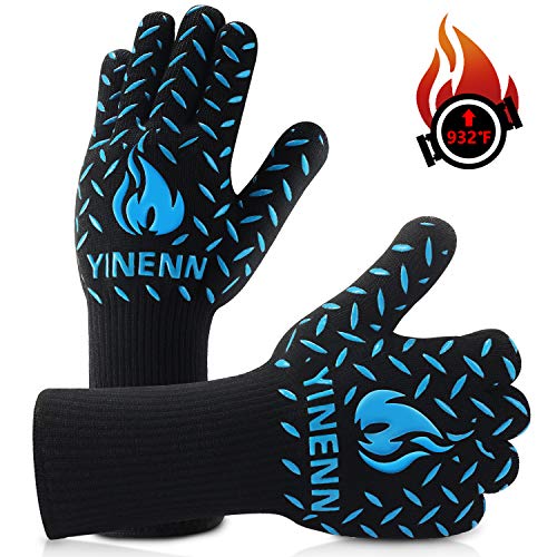 YINENN BBQ Grill Gloves with 932°F Heat Resistance and Insulated Silicone for Barbecue with Grilling,Smoker,Cooking and Oven,Baking,Fireplace,Frying and Kitchen-1 Pairs (13.5''XL)-Blue