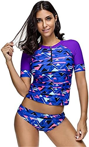 WODECASA Rash Guard Swimsuit Women Two Piece Swimwear, Short Sleeve Rashguard Bathing Suit with Zip Front High Neck