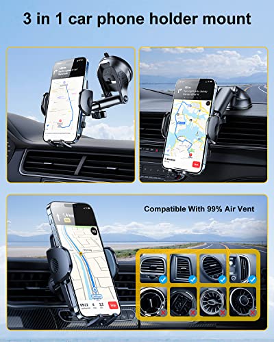 Rorhxia Car Phone Holder Mount [Groundbreaking Protection & Rotatable Base] 3 in 1 Dashboard Vent Windshield Cell Phone Holder Car Fit for iPhone 14 13 12 Pro Max Samsung All Phones