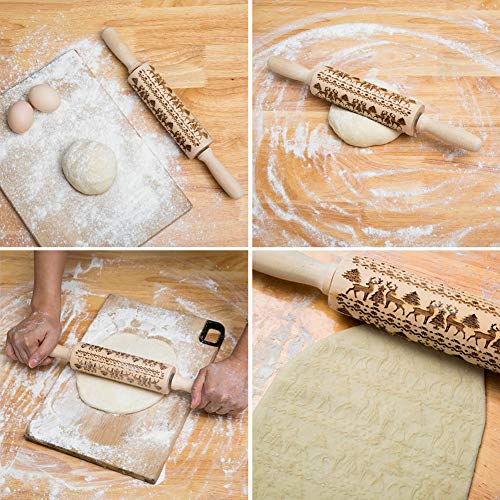 Koogel Embossed Rolling Pins Set, 2 Pcs Different Sizes Christmas Wooden Rolling Pins Parent-Child Reindeer Rolling Pins Pastry Rolling Pin for Cookies Crusts Pies Pastry Clay