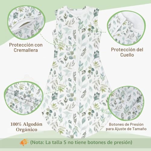 Saco-cama para bebés de verão, saco-cama unissex de 0,5 tog para bebés dos 18 aos 36 meses, algodão 100% respirável, saco ajustável de 85 a 100 cm, padrão de folhas verde-escuras