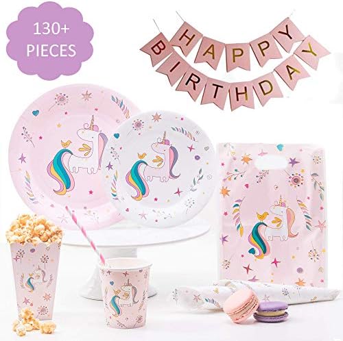 [130+ pcs] Unicorn Party Supplies – Includes 16x Plates 16x Dessert Plates 16x Cups Unicorn Tablecloth 32x Decorated Napkins | BONUS Birthday Banner and Party Treat Bags