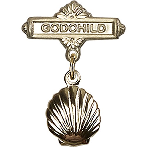 14kt Yellow Gold Baby Badge with Shell Charm and Godchild Badge Pin 7/8 X 5/8 inches