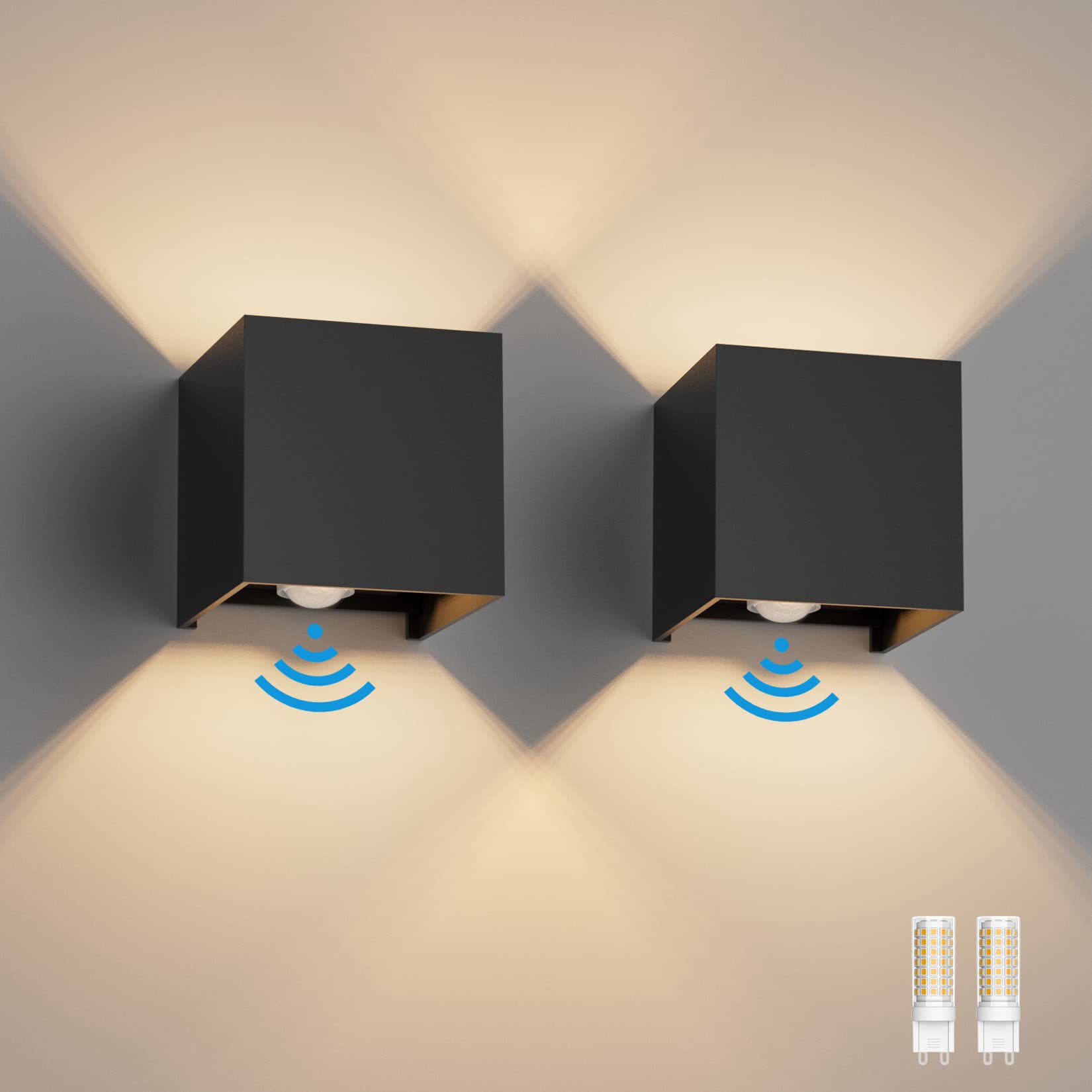 Klighten 2PCS Outdoor Wall Light with Motion Sensor, Waterproof IP54 Outside Wall Lamps with Sensor, Adjustable Beam Angle, Warm White 3000K, Black (G9 LED Bulb Include) — image 1