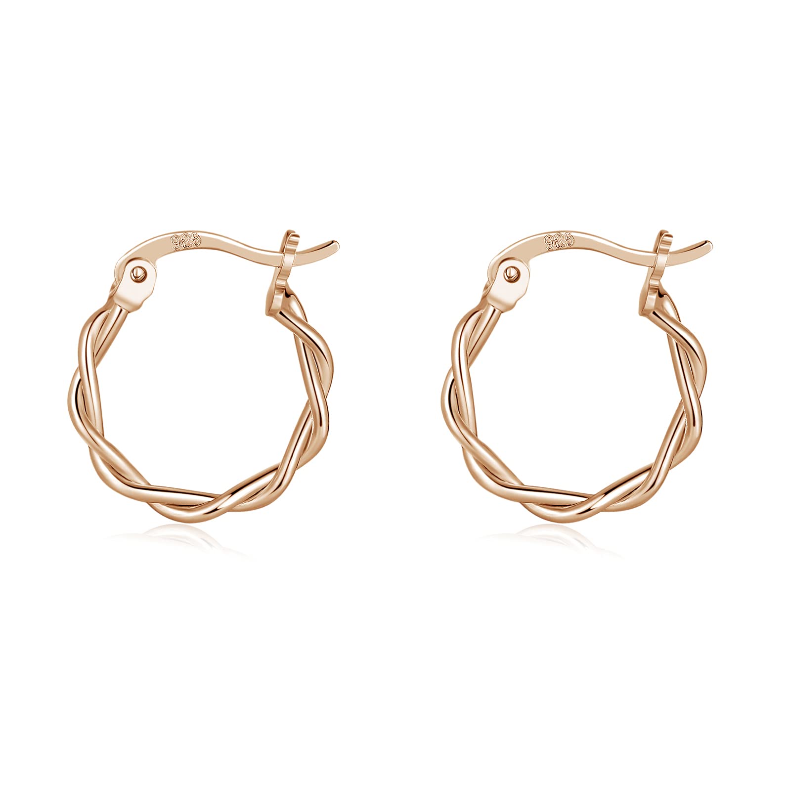 Shuxin Silver Hoops Earrings for Women, 925 Sterling Silver Rose Gold Hoop Earrings Set, Hypoallergenic Small Sleeper Hoop Earrings Set, 13mm Twist Cartilage Huggie Hinged Hoop Earrings for Women