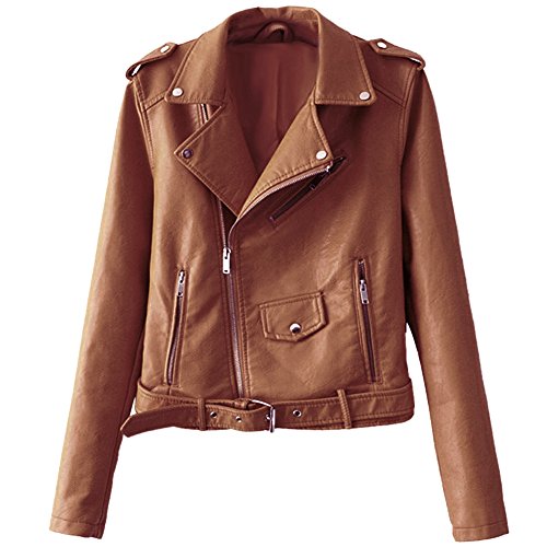 Chenghe Women s Faux Leather Motorcycle Zip Up Short Bomber Jacket Brown XXXL