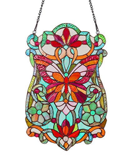 River of Goods 19-Inch Tiffany Style Stained Glass Butterfly Fleurs Window Panel