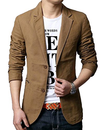 Generic Mens Casual Solid Cotton Two Button Slim Fit Blazer Jacket Khaki L