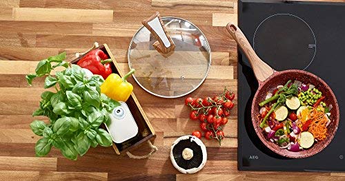 Copper Non Stick Frying Pan with Premium High Performance Stone Coating Bakelite Wood Effect Handle & FREE Stand Alone Lid 28cm | Perfect Healthy Dry Frying