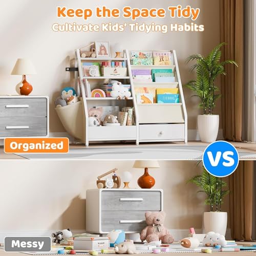 4 Tier Kids Bookshelf - Toddler Book Display Shelves, Children Bookcase Organizer for Kids Room, Classrooms, Nursery, Bedroom, White, 85 * 30 * 75Cm