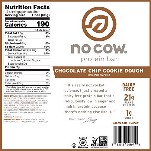 image for No Cow Protein Bar, Chocolate Chip Cookie Dough, 21g Plant Based Prote