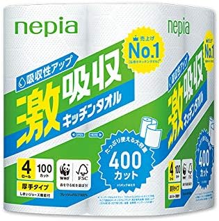 Amazon ２倍巻きネピア 激吸収 キッチンタオル 4ロール 2枚重ね 100カット 12入 ネピア キッチンペーパー