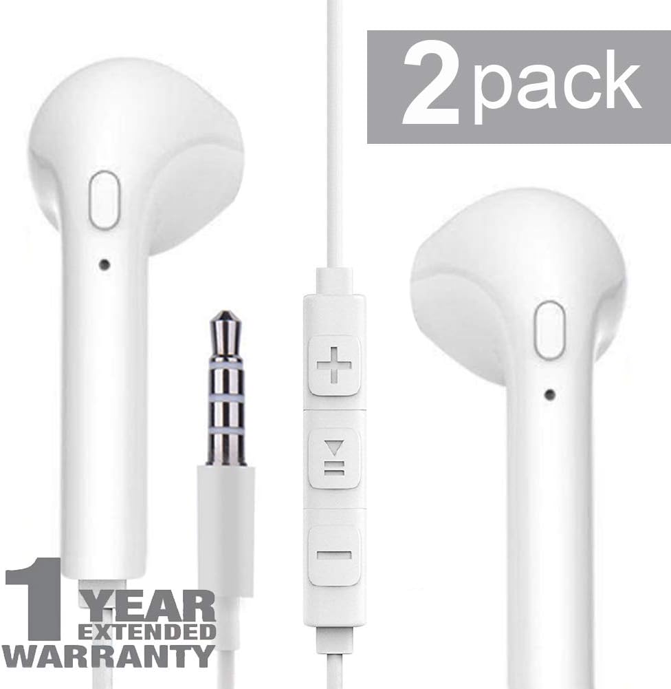 2 Pack Headphones, Earphones with Microphone, Noise Cancelling Earbuds with Volume Control Compatible with All Phones Tablets MP3 Laptops Desktops with 3.5 Audio Jack - White