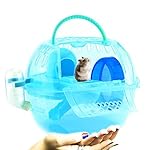 Portable Hamster Outdoor Carrier Crystal Mini Cage with Water Drink Bottle Dwarf Mice Moving House Tubes for Small Animals Travel (Blue)