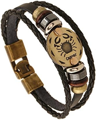 Twelve constellation Leather Bracelet Aries Taurus Gemini Cancer Leo Virgo Libra Scorpio Sagittarius Capricornus Aquarius Pisces Cowhide Hand Knitting 12 Constellation Guardian Bracelet (Cancer)