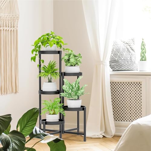 5 Tier Metal Plant Stand, Corner Tall Plant Shelf for Multiple Plants, Indoor Outdoor Flower Pot Holder for Living Room Balcony Garden Patio Yard, Black 48*48*80Cm