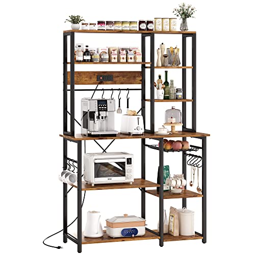 SUPERJARE Large Bakers Rack with Power Outlets, 6-Tier Microwave Stand, Coffee Bar with 12 S-Shaped Hooks, Kitchen Shelf with Wire Basket, 39.3 x 15.5 x 66.9 Inches, Vintage Brown